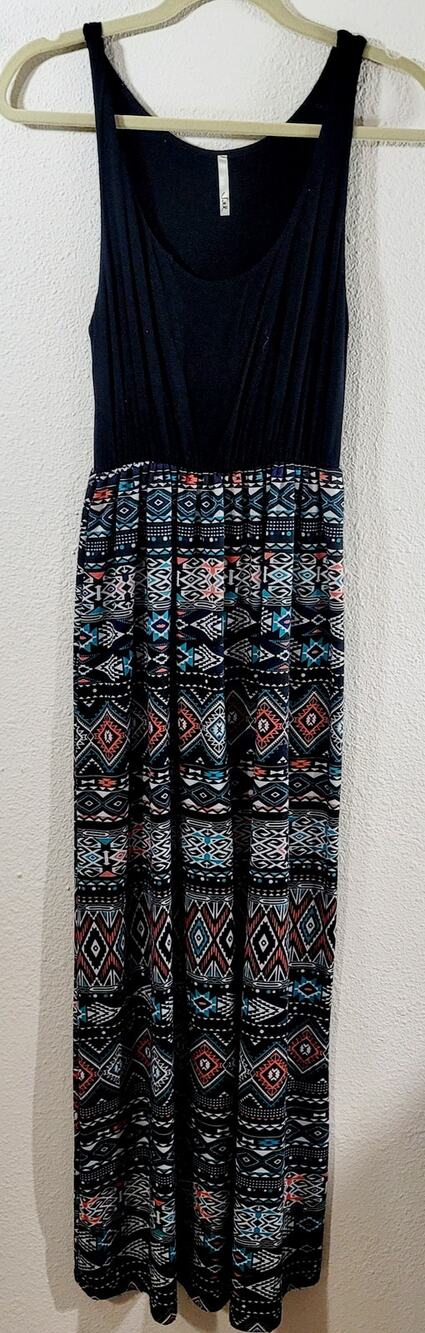 Voll Black Green Orange Aztec Print Maxi Dress Small / Medium Lightweight Soft